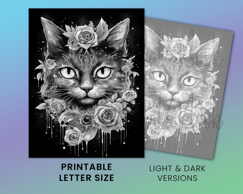 K&ouml;nnte beinhalten: Druckbare Malvorlage mit einer Schwarzwei&szlig;illustration eines Katzenkopfes, umgeben von Rosen. Die Katze hat ein mystisches Symbol auf der Stirn und tropfende Farbeffekte. Das Bild ist mit "Printable Letter Size" und "Light & Dark Versions" beschriftet.