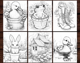 30 Spring Time Garden Coloring Book, Instant Download -Grayscale Coloring Book - Printable PDF, gnomes, garden, flowers coloring 2