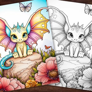 Baby Spring Dragon #11 Fantasy Coloring Page, Adults + kids- Instant Download Grayscale Coloring Page, Printable PDF, Dragons coloring