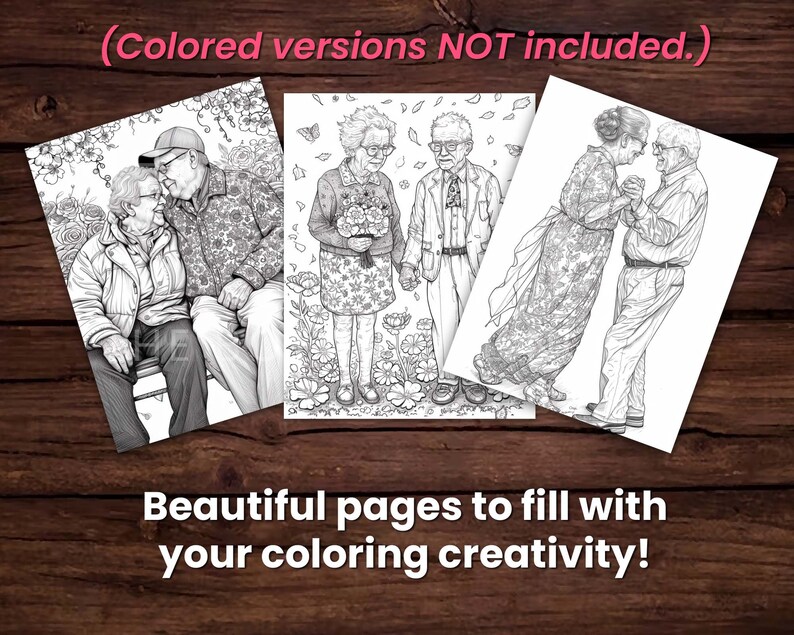 30 Elders in Love Coloring Pages Book, Adults kids Instant Download Grayscale Coloring Page, Printable PDF, Elders in love, adorable image 7