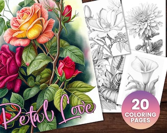 20 Flower Collection Coloring Page, Adults + kids- Instant Download - Grayscale Coloring Page - Gift, Printable PDF, flower art, advanced