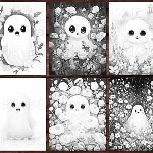 Puede incluir: Seis ilustraciones en blanco y negro de lindos fantasmas en diferentes entornos florales. Cada fantasma tiene ojos grandes y una peque&ntilde;a boca. Los fantasmas est&aacute;n rodeados de flores y hojas.