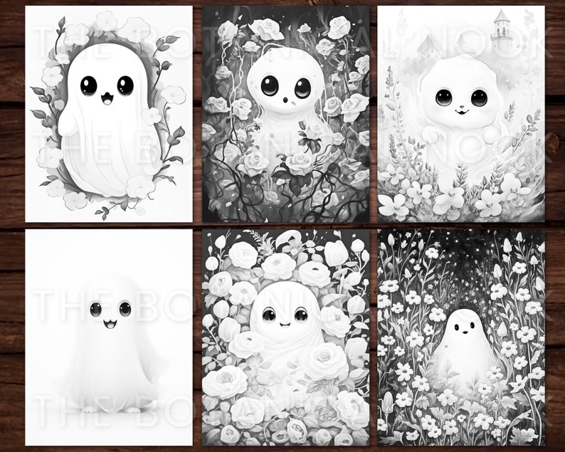 Puede incluir: Seis ilustraciones en blanco y negro de lindos fantasmas en diferentes entornos florales. Cada fantasma tiene ojos grandes y una peque&ntilde;a boca. Los fantasmas est&aacute;n rodeados de flores y hojas.