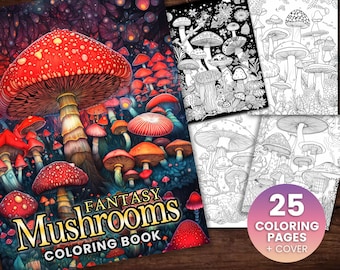 25 Fantasy Mushrooms Coloring Page Book, Adults + kids- Instant Download - Grayscale Coloring Page Printable PDF,mushrooms, trippy coloring