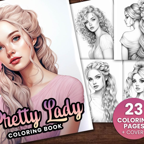 23 Pretty Lady Beautiful Women, Hair, Flowers Coloring Page Book, Adults + kids Instant Download - Grayscale Coloring - Gift Printable PDF