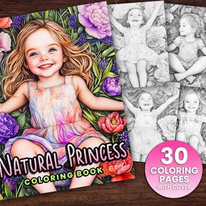 30 pagine da colorare di principesse naturali, adulti + bambini - Download immediato Pagina da colorare in scala di grigi, PDF stampabile