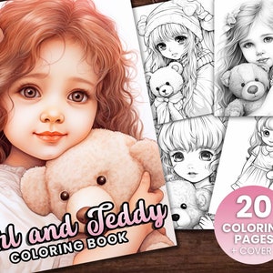 20 Girl and Teddy Coloring Book, Adults + kids- Instant Download - Grayscale Coloring Page - Gift, Printable Art PDF, teddy bear coloring