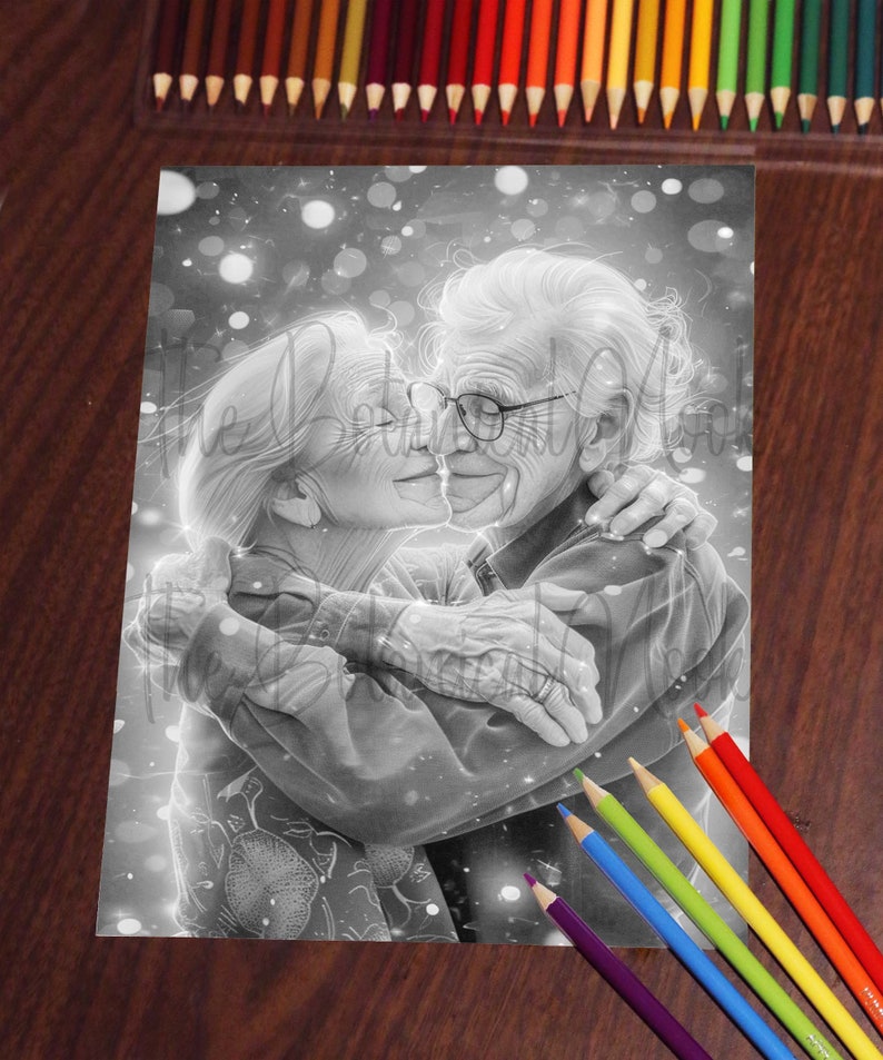 30 Elders in Love Coloring Pages Book, Adults kids Instant Download Grayscale Coloring Page, Printable PDF, Elders in love, adorable image 10