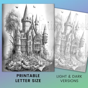 21 Castillos Elegante libro para colorear, Descarga instantánea para adultos Página para colorear en escala de grises PDF imprimible, cabañas, castillos medievales, hermosos imagen 4