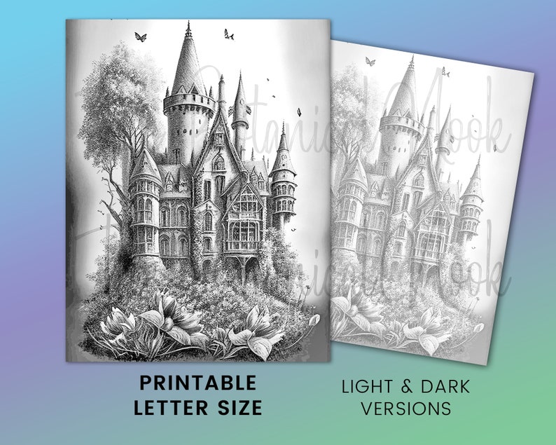 21 Castillos Elegante libro para colorear, Descarga instantánea para adultos Página para colorear en escala de grises PDF imprimible, cabañas, castillos medievales, hermosos imagen 4