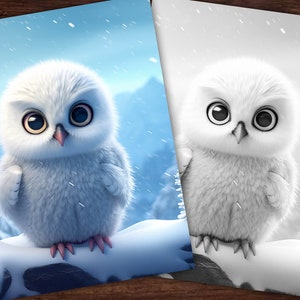 K&ouml;nnte beinhalten: Zwei Bilder einer flauschigen, wei&szlig;en Eule mit gro&szlig;en, ausdrucksstarken Augen. Die Eule sitzt auf einem schneebedeckten Ast vor einer schneebedeckten Bergkulisse. Ein Bild ist farbig, das andere in Schwarzwei&szlig;.