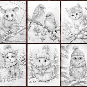 May include: A set of six black and white coloring pages featuring winter animals. The animals include a possum, two birds, a cat, a dog, a hamster, and an owl. Each animal is wearing a winter hat and scarf and is surrounded by snow and berries.