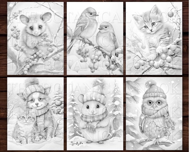 May include: A set of six black and white coloring pages featuring winter animals. The animals include a possum, two birds, a cat, a dog, a hamster, and an owl. Each animal is wearing a winter hat and scarf and is surrounded by snow and berries.