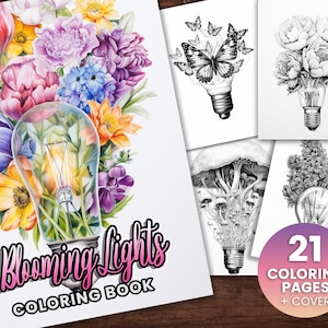 21 Blooming Lights Coloring Book, Adults kids Instant Download -Grayscale Coloring Book - Printable PDF,  Lightbulb Flower coloring