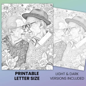 30 Elders in Love Coloring Pages Book, Adults kids Instant Download Grayscale Coloring Page, Printable PDF, Elders in love, adorable image 2