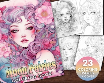 23 Moon Fairies Coloring Page, Adults + kids- Download - Grayscale Coloring Page - Gift, Printable PDF, fairies, goddess of the moon, sun