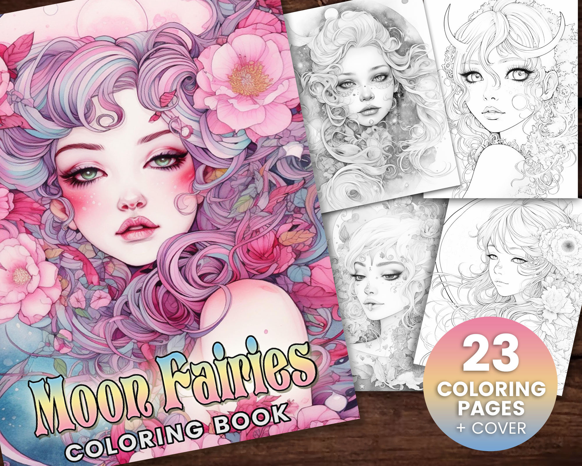 23 Moon Fairies Coloring Page, Adults + kids- Download - Grayscale…
