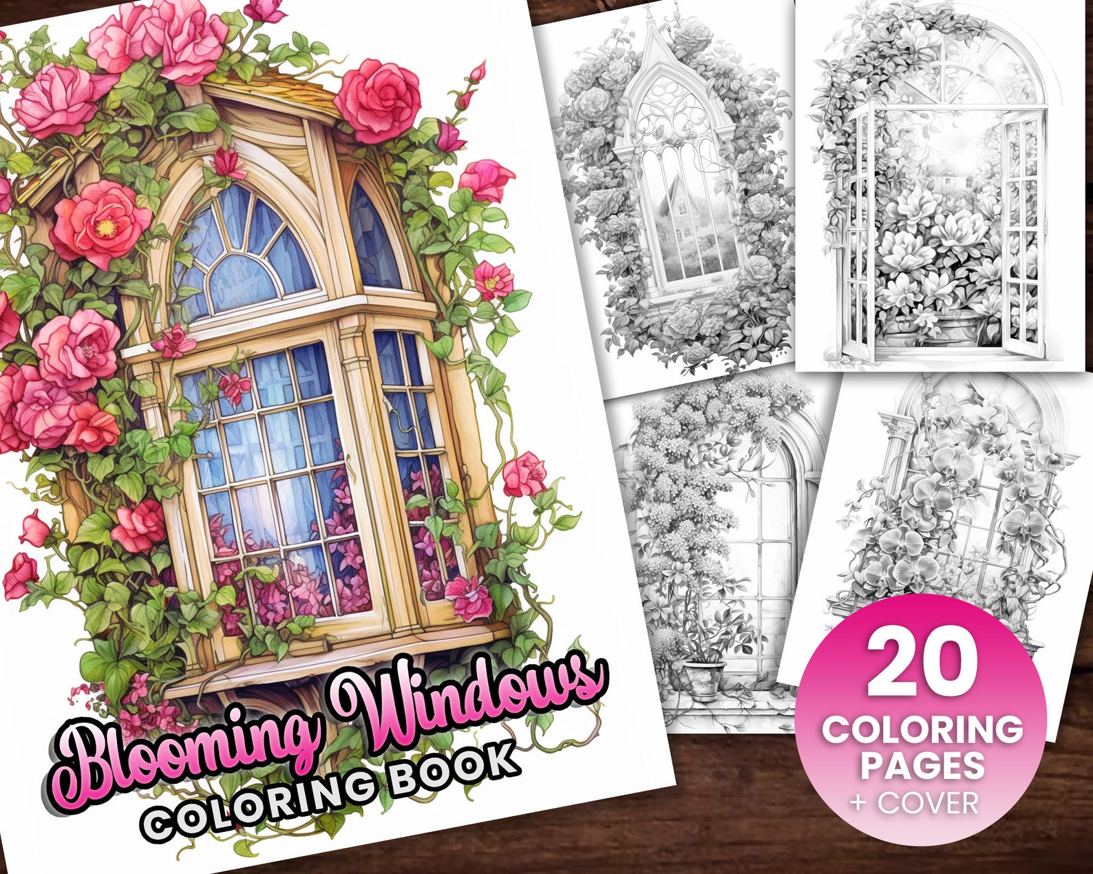 20 Blooming Windows Coloring Book, Adults Kids Instant Download ...