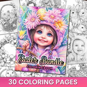 Livro de 30 páginas para colorir de pacote de Páscoa, adultos e crianças - download instantâneo de página para colorir em tons de cinza, PDF para impressão, coloração de Páscoa, pacote de ovos