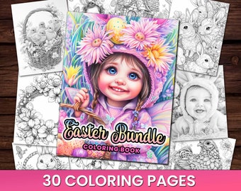 30 paasbundel kleurplaten boek, volwassenen + kinderen- Instant Download grijswaarden kleurplaat, afdrukbare pdf, paaskleuring, eierbundel