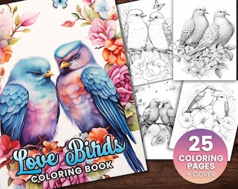 25 Bird Love Cute Animal Coloring Page Book, Adults + kids Instant Download Grayscale Coloring Page, Printable PDF birds, beauty, birds