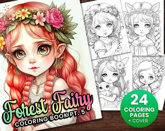 26 Delicate Forest Fairy Girls Fantasy Anime Coloring Page Book, Adults + kids- Instant Download - Grayscale Coloring - Gift, Printable PDF