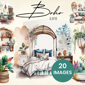 Boho Life - Bohemian Home Decor Cute Rooms/House Watercolor Clip Art Set (20 Graphics) Illustration Instant Download; crafting, commercial