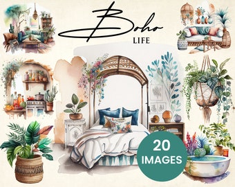 Boho Life - Bohemian Home Decor Cute Rooms/House Watercolor Clip Art Set (20 Graphics) Illustration Instant Download; crafting, commercial