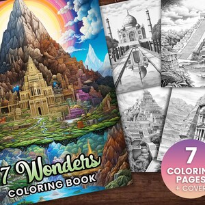 7 Wonders of the World Coloring Book, Adults + kids- Download - Grayscale Coloring Page - Gift, Printable PDF, taj mahal, World Monuments