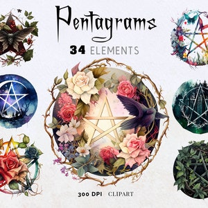 Pentagram Clipart Bundle (34 Graphics ) mystical png, Instant Download; witchcraft png clipart, Fantasy png, occult, pagan clipart,