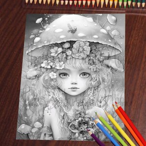 May include: A black and white illustration of a fairy with a mushroom cap and a floral crown. The fairy has long hair and large eyes. The background is a forest scene with mushrooms and leaves.