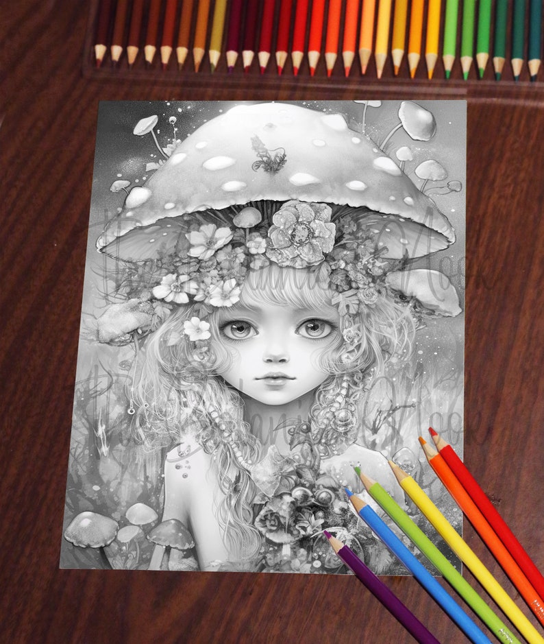 May include: A black and white illustration of a fairy with a mushroom cap and a floral crown. The fairy has long hair and large eyes. The background is a forest scene with mushrooms and leaves.