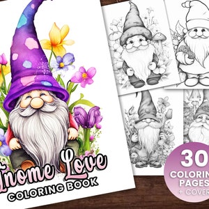 30 Gnome Love Coloring Book, Adults kids Instant Download -Grayscale Coloring Page - Printable PDF, gnomes, cute gnomes, fantasy coloring