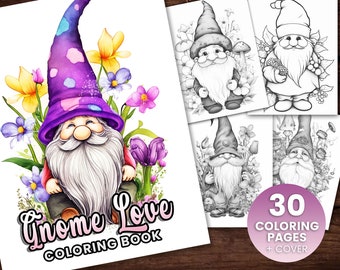 30 Gnome Love Coloring Book, Adults kids Instant Download -Grayscale Coloring Page - Printable PDF, gnomes, cute gnomes, fantasy coloring