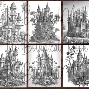 21 Castillos Elegante libro para colorear, Descarga instantánea para adultos Página para colorear en escala de grises PDF imprimible, cabañas, castillos medievales, hermosos imagen 6