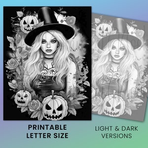 May include: A black and white printable coloring page featuring a witch with long hair wearing a top hat and holding a pumpkin. The witch is surrounded by roses and pumpkins. The text "Printable Letter Size" is at the bottom of the page.