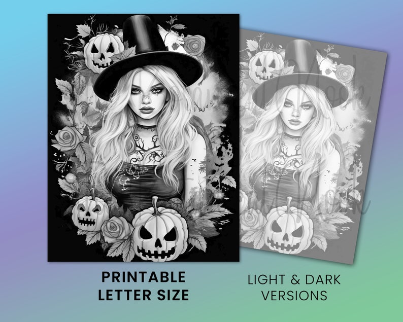 May include: A black and white printable coloring page featuring a witch with long hair wearing a top hat and holding a pumpkin. The witch is surrounded by roses and pumpkins. The text "Printable Letter Size" is at the bottom of the page.