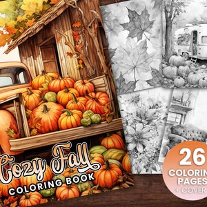 26 Cozy Fall Coloring Book, Adults + kids- Download - Grayscale Coloring Page - Gift, Printable PDF, Halloween, pumpkins, Autumn, Fall Times