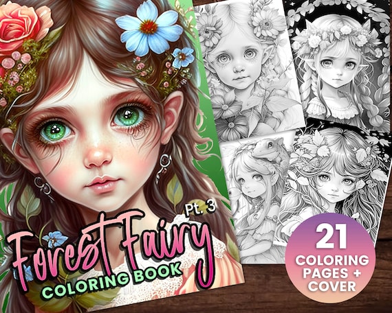 21 Delicate Forest Fairy Girls pt 3 Fantasy Anime Coloring Page, Adults + kids- Download - Grayscale Coloring Page - Gift, Printable PDF