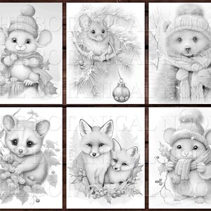 May include: A set of six black and white coloring pages featuring various animals wearing winter hats and scarves. The animals include a mouse, a bear, a raccoon, a fox, and two more mice.