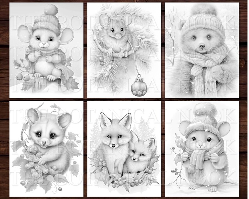 May include: A set of six black and white coloring pages featuring various animals wearing winter hats and scarves. The animals include a mouse, a bear, a raccoon, a fox, and two more mice.