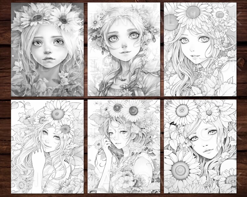 May include: Six black and white illustrations of anime-style women with floral crowns and surrounded by flowers. Each portrait features a different pose and expression, with detailed shading and delicate linework. The images are arranged in two rows of three.