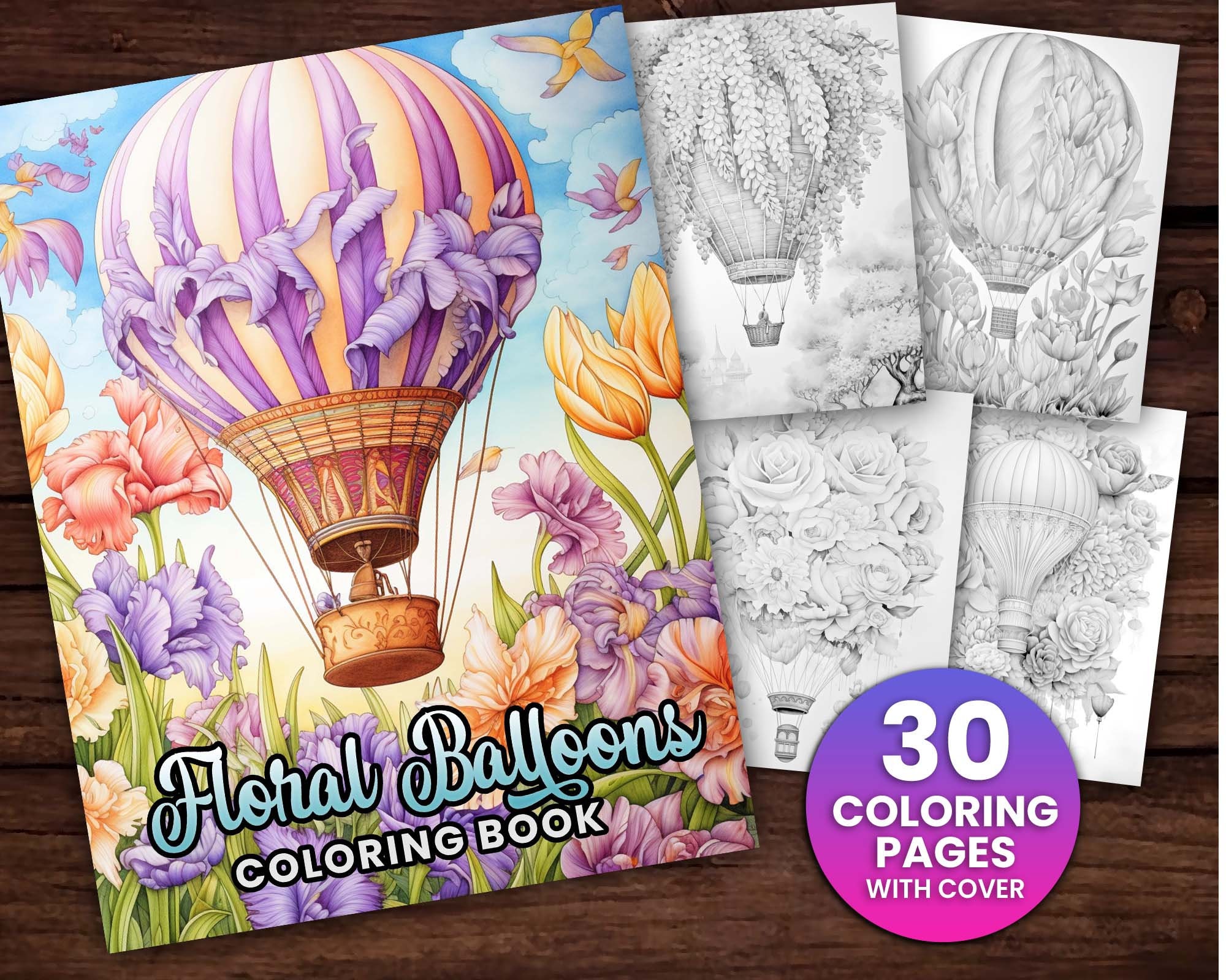 30 Blooming Hot Air Balloons Coloring Page Book, Adults + kids-…