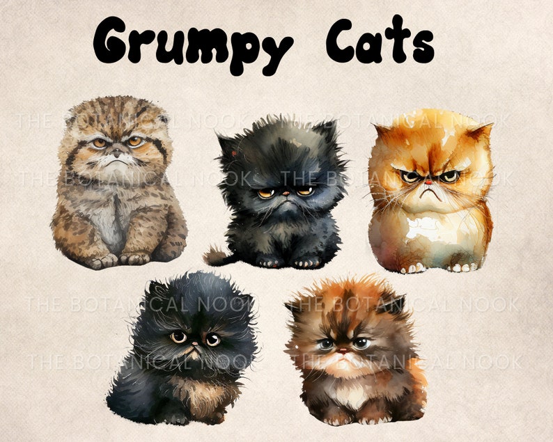 May include: Five watercolor illustrations of grumpy cats with different fur colors and patterns. The cats are all looking grumpy and have their mouths slightly open. The title "Grumpy Cats" is written in black at the top of the image.