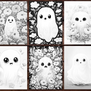Puede incluir: Seis ilustraciones en blanco y negro de fantasmas con diferentes expresiones faciales. Cada fantasma est&aacute; rodeado de flores.