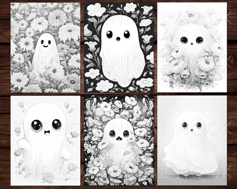 Puede incluir: Seis ilustraciones en blanco y negro de fantasmas con diferentes expresiones faciales. Cada fantasma est&aacute; rodeado de flores.