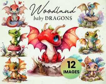 Cute Woodland Dragon Babies (12 Graphic Clip Art) Illustration Instant Download; crafting, commercial, Fantasy Clipart, animals