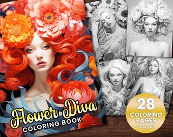 28 Pretty Lady Flower Diva Women, Hair, Flowers Coloring Page Book, Adults + kids Instant Download- Grayscale Coloring - Gift Printable PDF