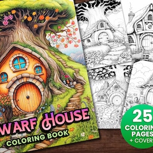 25 Dwarf Homes Coloring Book, Adults kids Instant Download -Grayscale Coloring Book -Printable PDF, Flower Houses, Gnome Houses