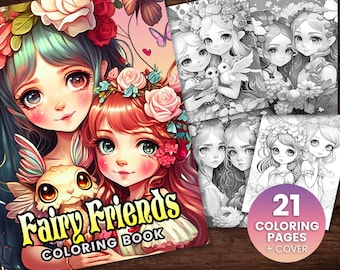 21 Delicate Forest Fairy Friends Fantasy Coloring Page, Adultos + niños- Descarga instantánea - Página para colorear en escala de grises - Regalo, PDF de arte imprimible